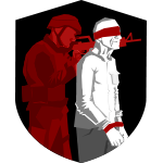 Logo for Human Shields: An artistic rendering of an IDF soldier hiding behind a human shield